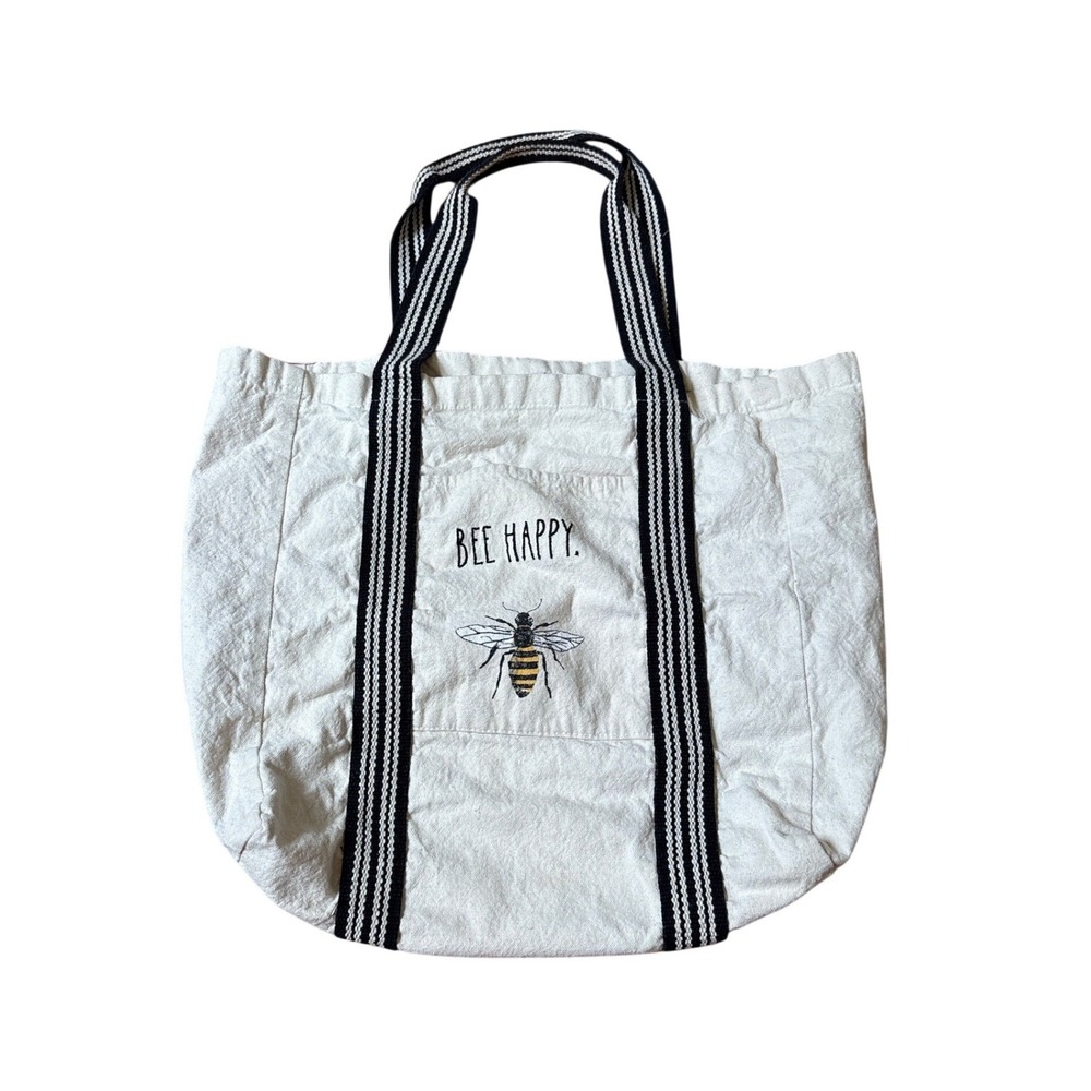 Rae Dunn Tote Bag Womens Cream Bee Happy Embroidered Canvas Striped SIZE OS